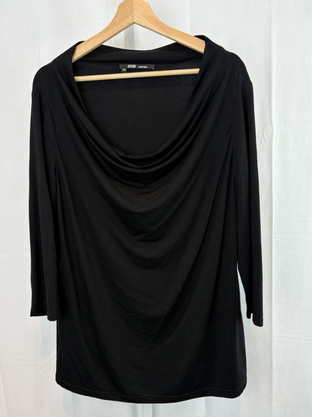 ANETT ROSTEL Rostfrei Drape Neck Jersey Knit Top Size 48 US XL  3/4 Sleeve Black